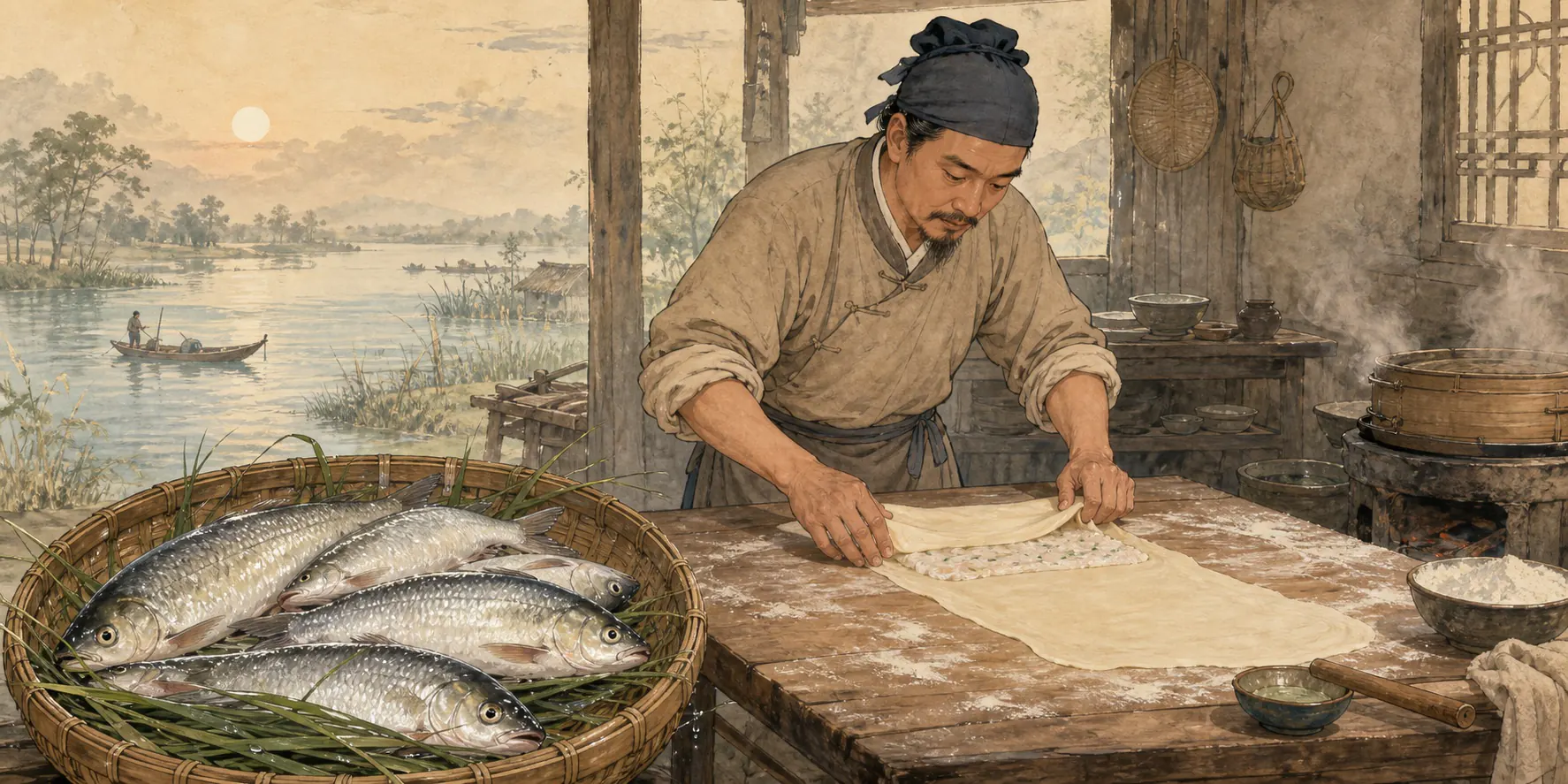 云梦鱼面起源与传统制作场景文化插画，画面中的鱼为刚捕捞的新鲜鱼