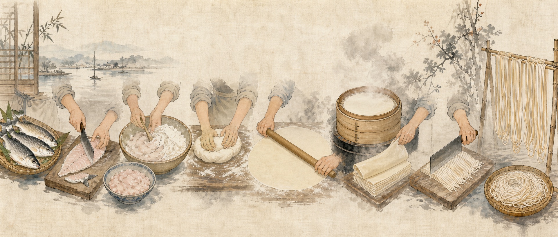 云梦鱼面从鲜鱼到擀片切丝晾晒的传统制作工艺插画
