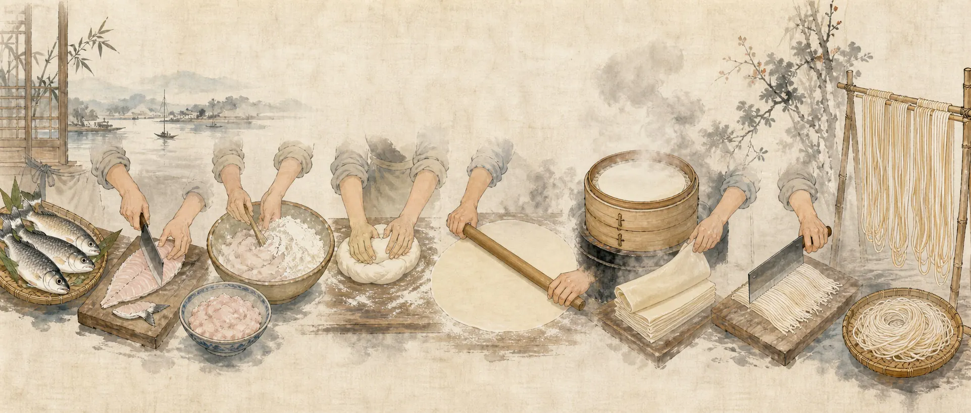 云梦鱼面从鲜鱼到鱼茸和面、擀片、蒸制、切丝的工艺示意