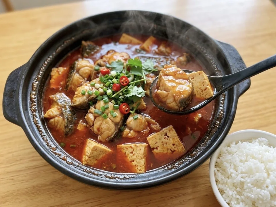 鱼头泡饭：深色砂锅里秘制酱汁炖的红汤鱼头，裹着酱汁的嫩白鱼肉和豆腐，配一碗白米饭