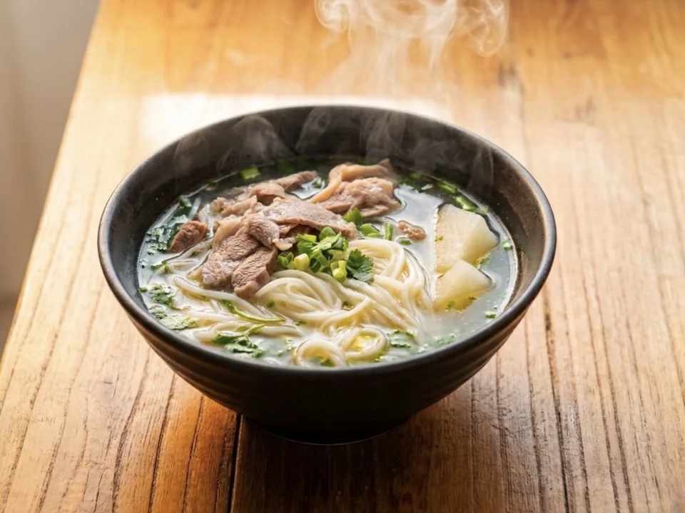 羊肉鱼面:深色粗陶碗里,洁白细软的云梦鱼面卧在清亮羊汤中,铺满软烂羊肉片、白萝卜和葱花香菜,热气升腾